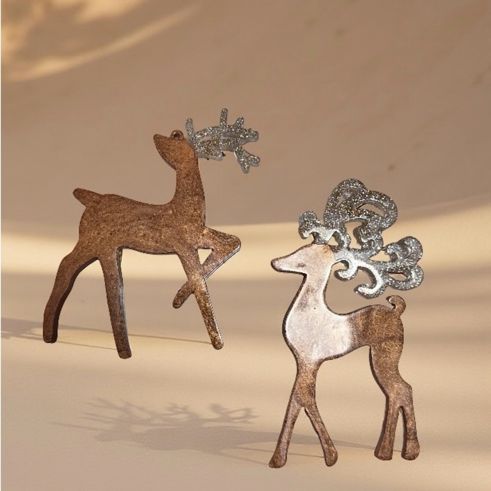 Set of 2  Glitter epoxy resin Reindeer ornaments